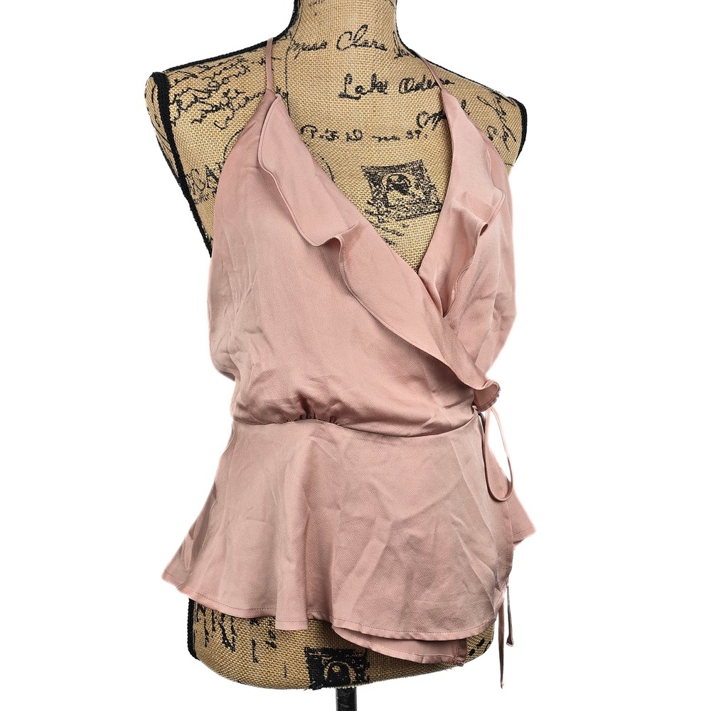 Cute ASTR the Label Pink Satin Ruffle Wrap Halter Peplum Top AT12719 Medium
